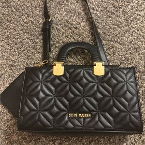 Steve Madden Black Quilted Top-Handle Satchel with Gold Hardware
